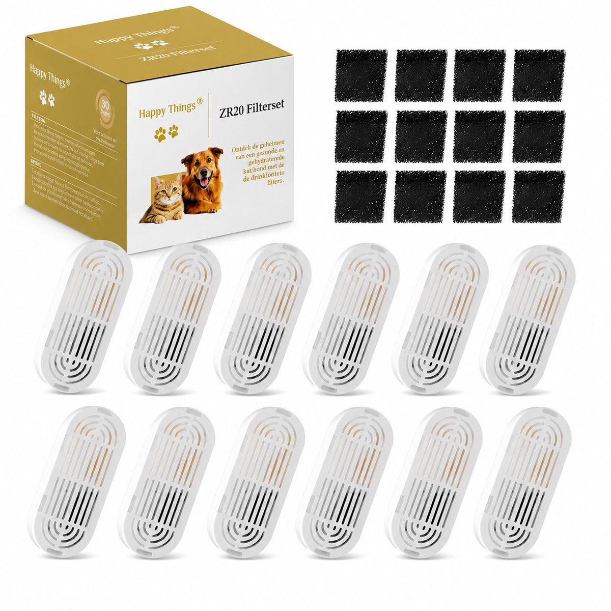 Happy Things® ZR20 Filters – 12 Waterfilters + 12 Filtersponsjes – Voor Kat &amp; Hond