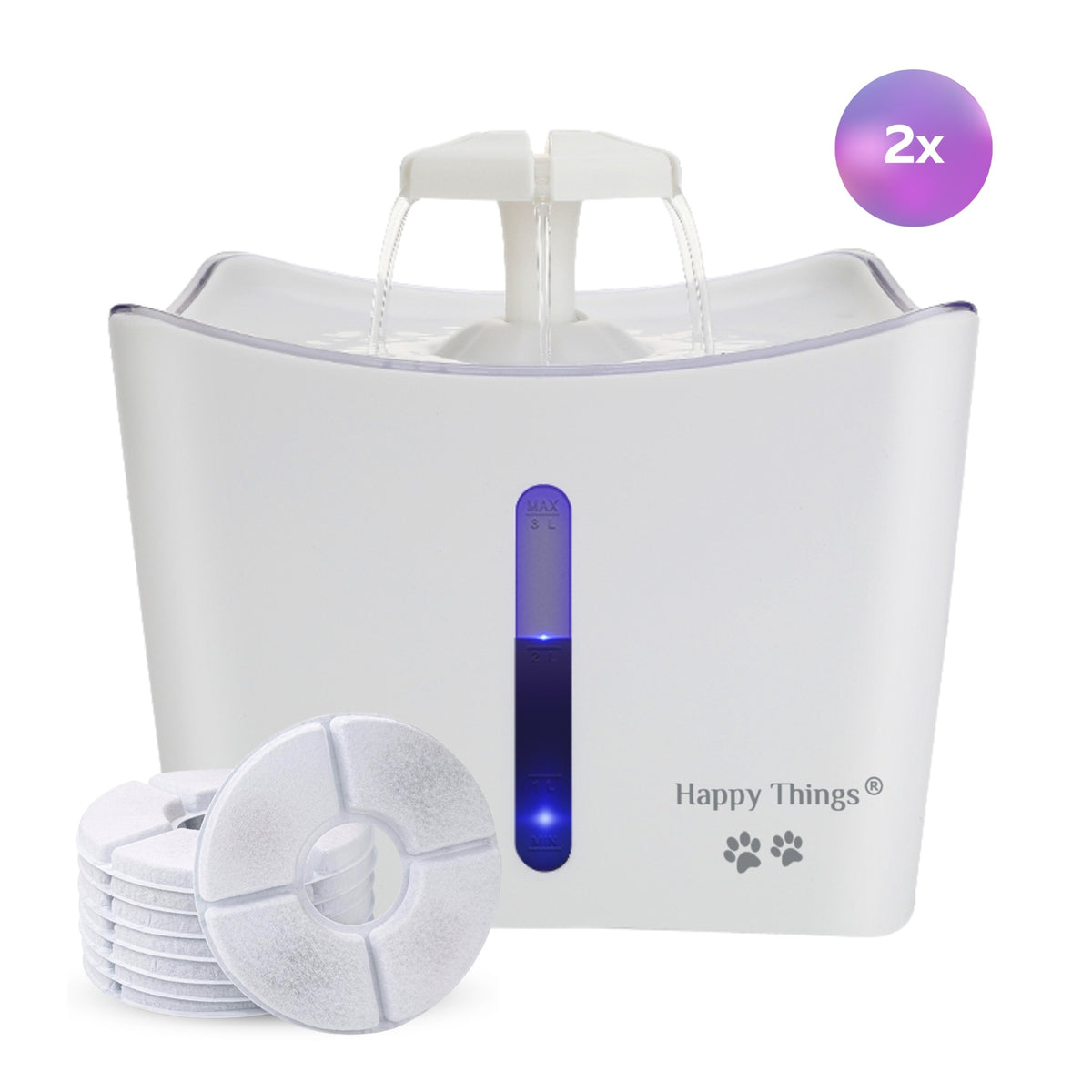 Happy Things Drinkfontein Kat en Hond - XL - Incl. 2 Filters – Kattenfontein - 3L – Waterfontein Kat – Geruisloos – Wit met Zilver