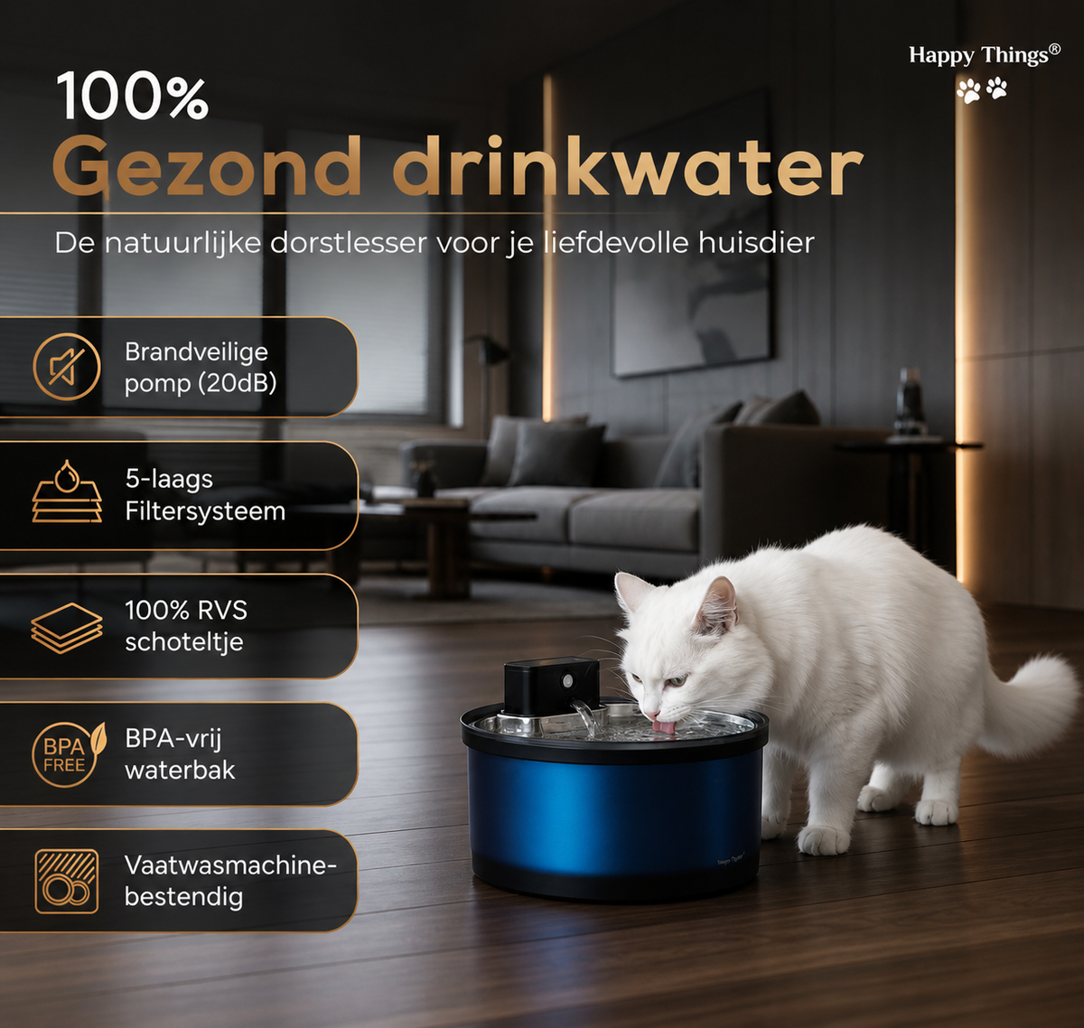 Happy Things® ZR20 Draadloze Drinkfontein Kat & Hond 3.2L - Bewegingssensor - Inclusief 4 Filters - RVS Drinkbak