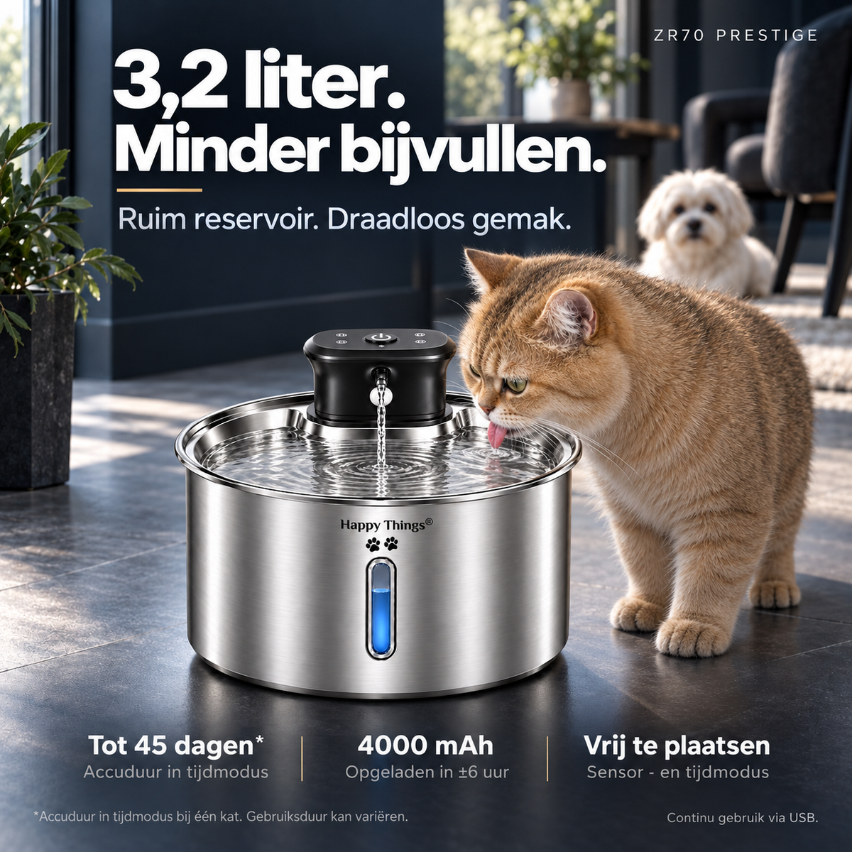Happy Things® ZR70Prestige – Draadloze Premium Drinkfontein van RVS – 3.2L