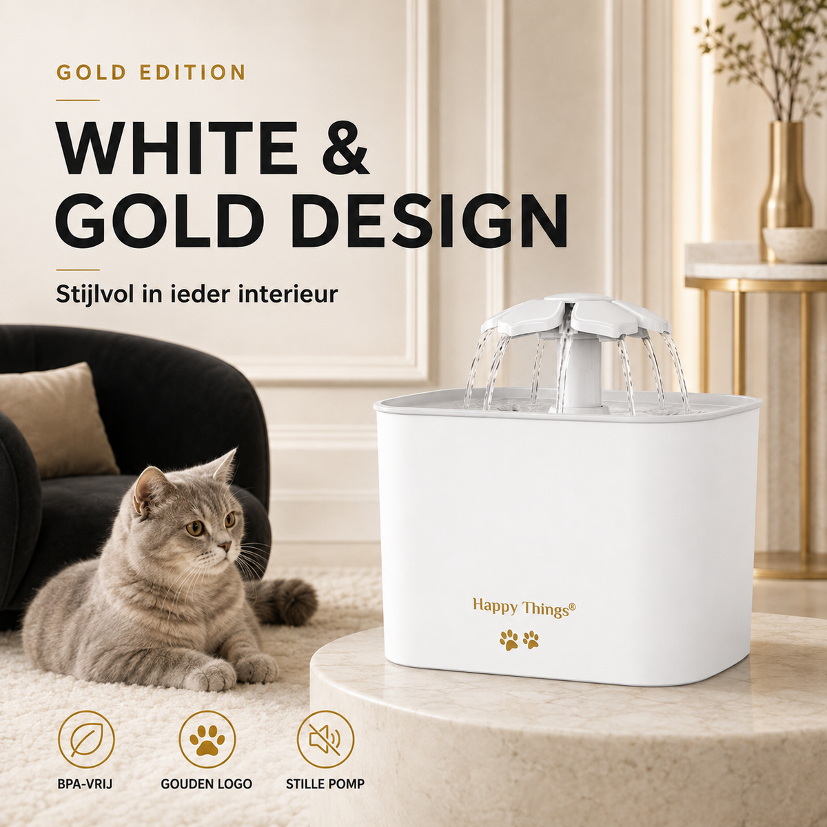 Drinkfontein Happy Things Gold 2.5L - Inclusief 4 Filters - Fluisterstil