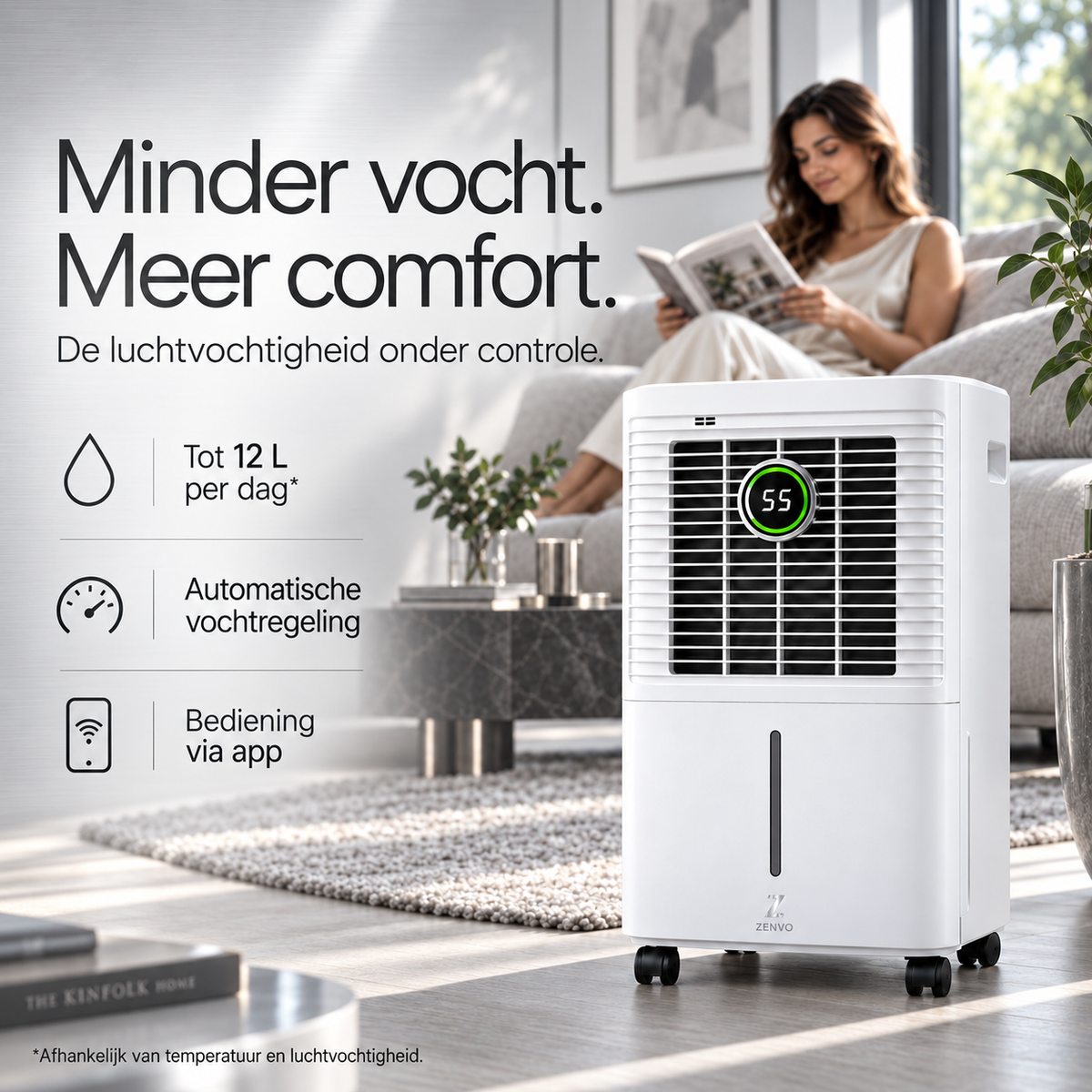 Zenvo Luchtontvochtiger 12L/dag WiFi - Slimme Ontvochtiger met Hygrostaat voor Woonkamer, Slaapkamer, Badkamer & Kelder