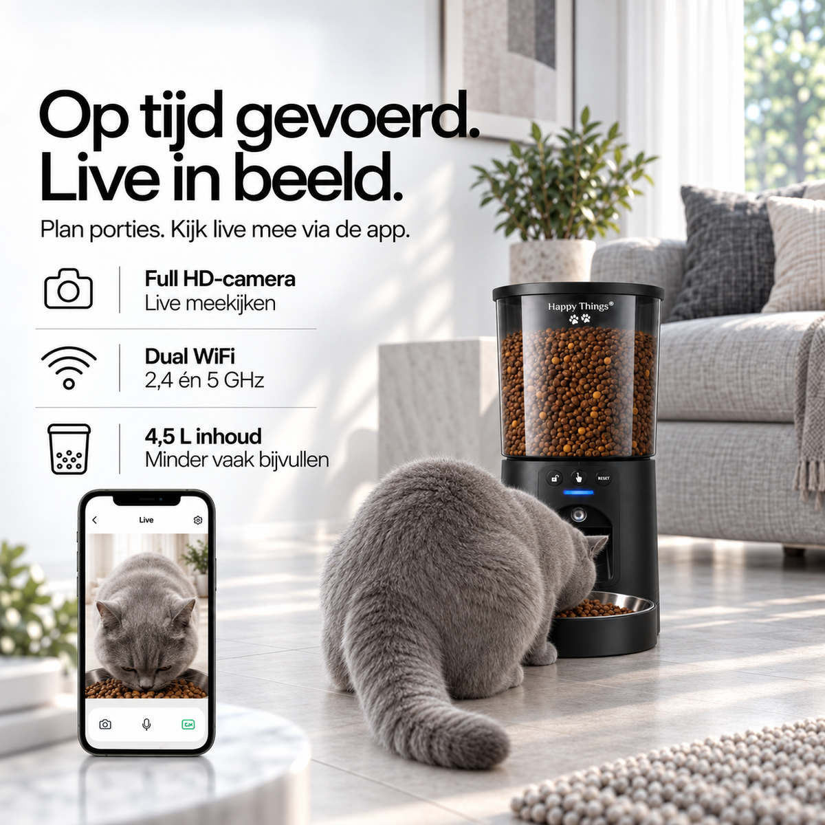 Happy Things® Automatische Voerbak Kat met FULL HD Camera 4.2L - WiFi Voerautomaat Zwart