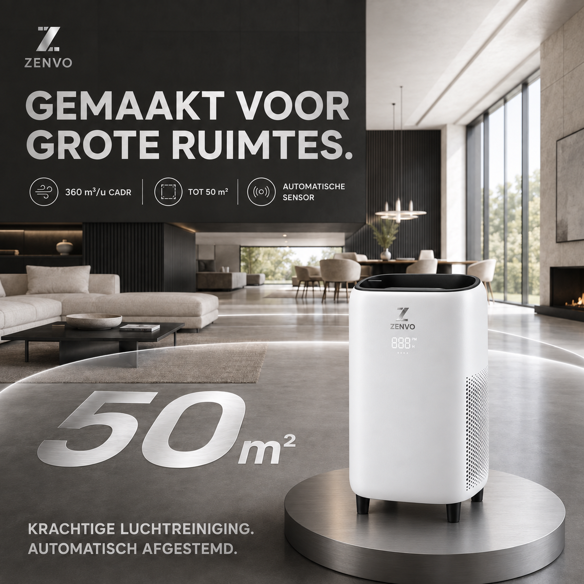 Zenvo Air XL Luchtreiniger 50 m² - HEPA 13 & Koolstoffilter - CADR 360 m³/u