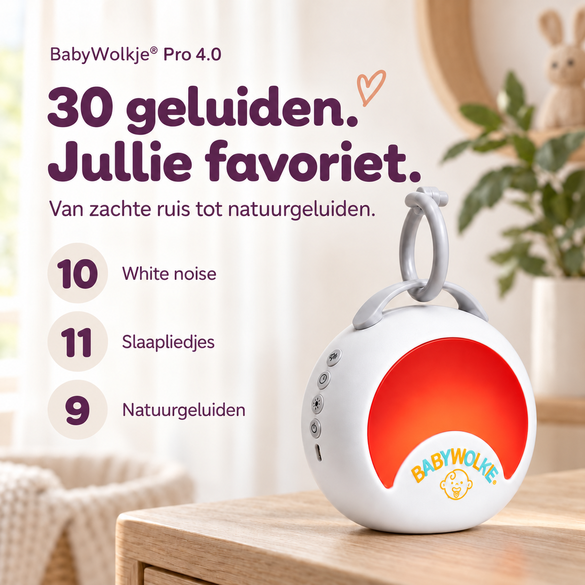 BabyWolkje White Noise Machine Baby - Witte Ruis Machine - Witte Ruis Apparaat - 30 Geluiden - Draadloos en Oplaadbaar