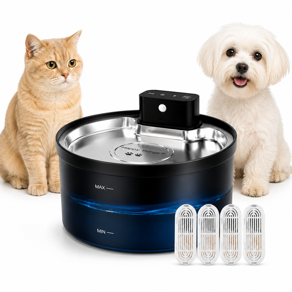 Happy Things® ZR20 Draadloze Drinkfontein Kat & Hond 3.2L - Bewegingssensor - Inclusief 4 Filters - RVS Drinkbak