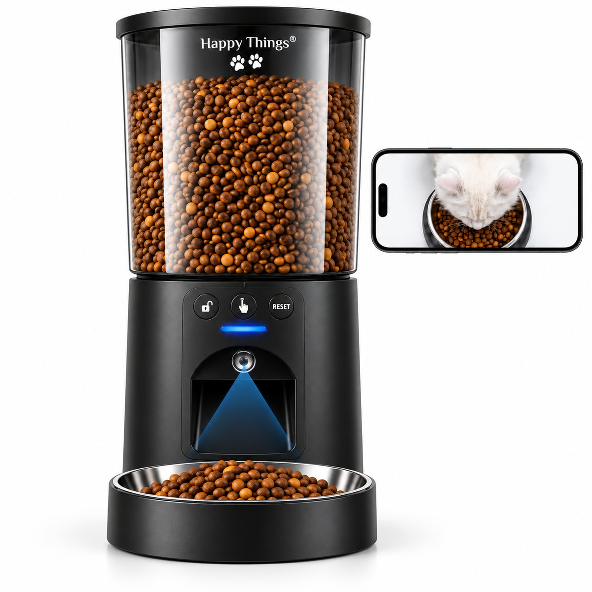 Happy Things® Automatische Voerbak Kat met FULL HD Camera 4.2L - WiFi Voerautomaat Zwart