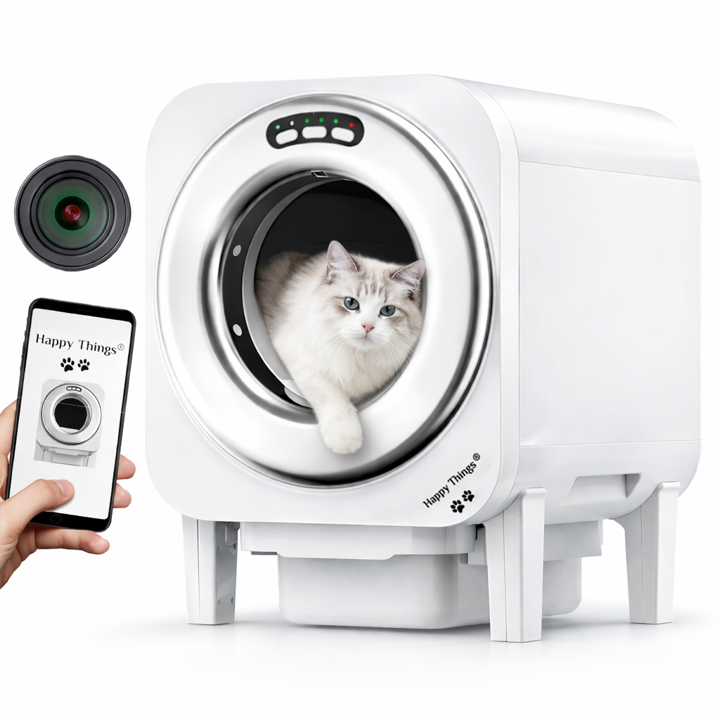 Happy Things® V2000 Automatische Kattenbak XL 75L – Met App &amp; Camera - Zelfreinigend &amp; Geurvrij – Inclusief Kattenbakmat + 9 Rollen Opvangzakjes